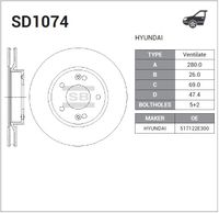 Тормозной диск передний KIA CERATO TD 08--, CEED 07--, SOUL 09-- (вент.) [280mm] sd1074 Sangsin