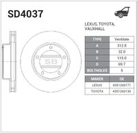 Тормозной диск передний вент.[313x32] 5 отв. TOYOTA Land Cruiser 100 4.2TD/4.7 01/98-> SD4037 Sangsin