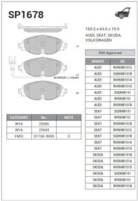 Тормозные колодки передние VW GOLF6, AUDI A3, SKODA OKTAVIA A7 13-- (Датчик: да) SP1678 Sangsin