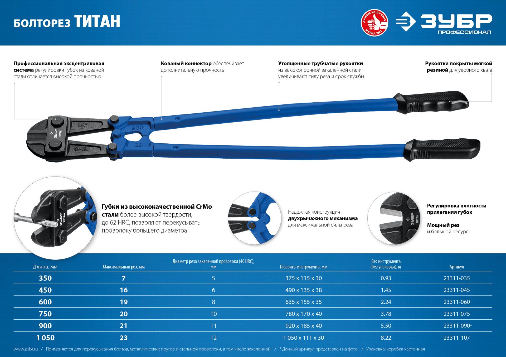 Болторез, Cr-Mo, 62 HRC, кованый коннектор, 900 мм - макс d= 21 мм / HRC 40 до d= 11 мм, ЗУБР Профес 23311090 Зубр