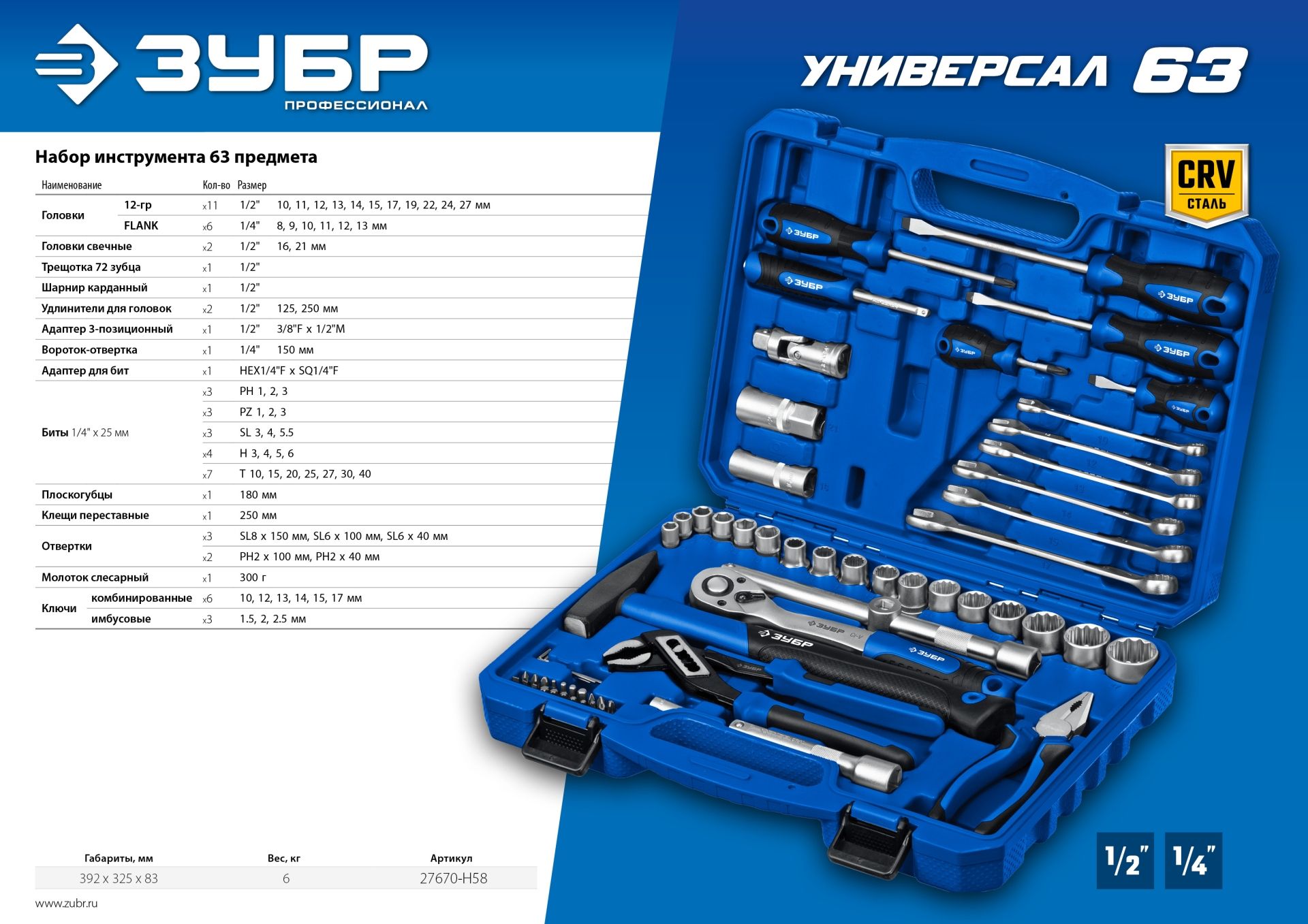 ЗУБР Универсал-58 набор инструмента универсальный 58 предм. Серия Профессионал. 27670h58 Зубр