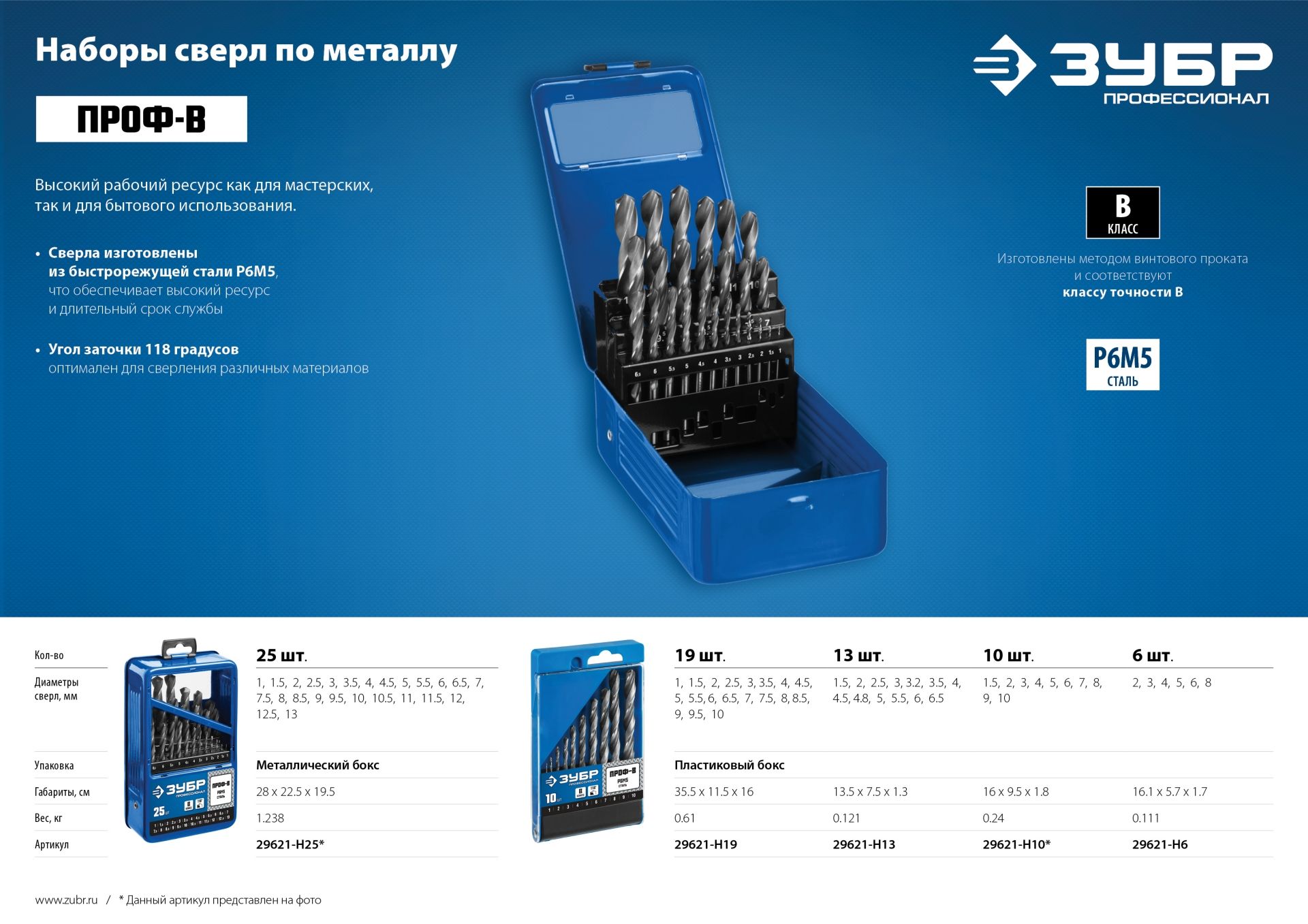 ЗУБР ПРОФ-В, 25 шт, (1-13 мм), сталь Р6М5, класс В, мет.бокс, набор сверл по металлу, Профессионал ( 29621h25 Зубр