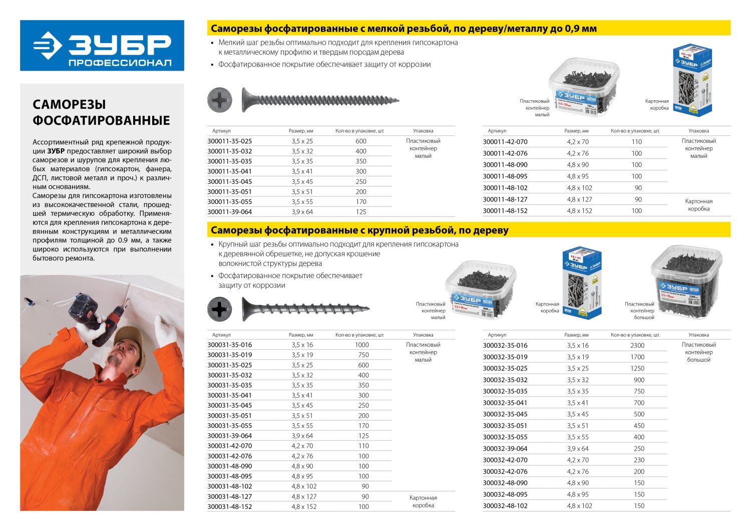 Саморезы СГД гипсокартон-дерево, 55 х 3.5 мм, 170 шт, фосфатированные, ЗУБР Профессионал 30003135055 Зубр