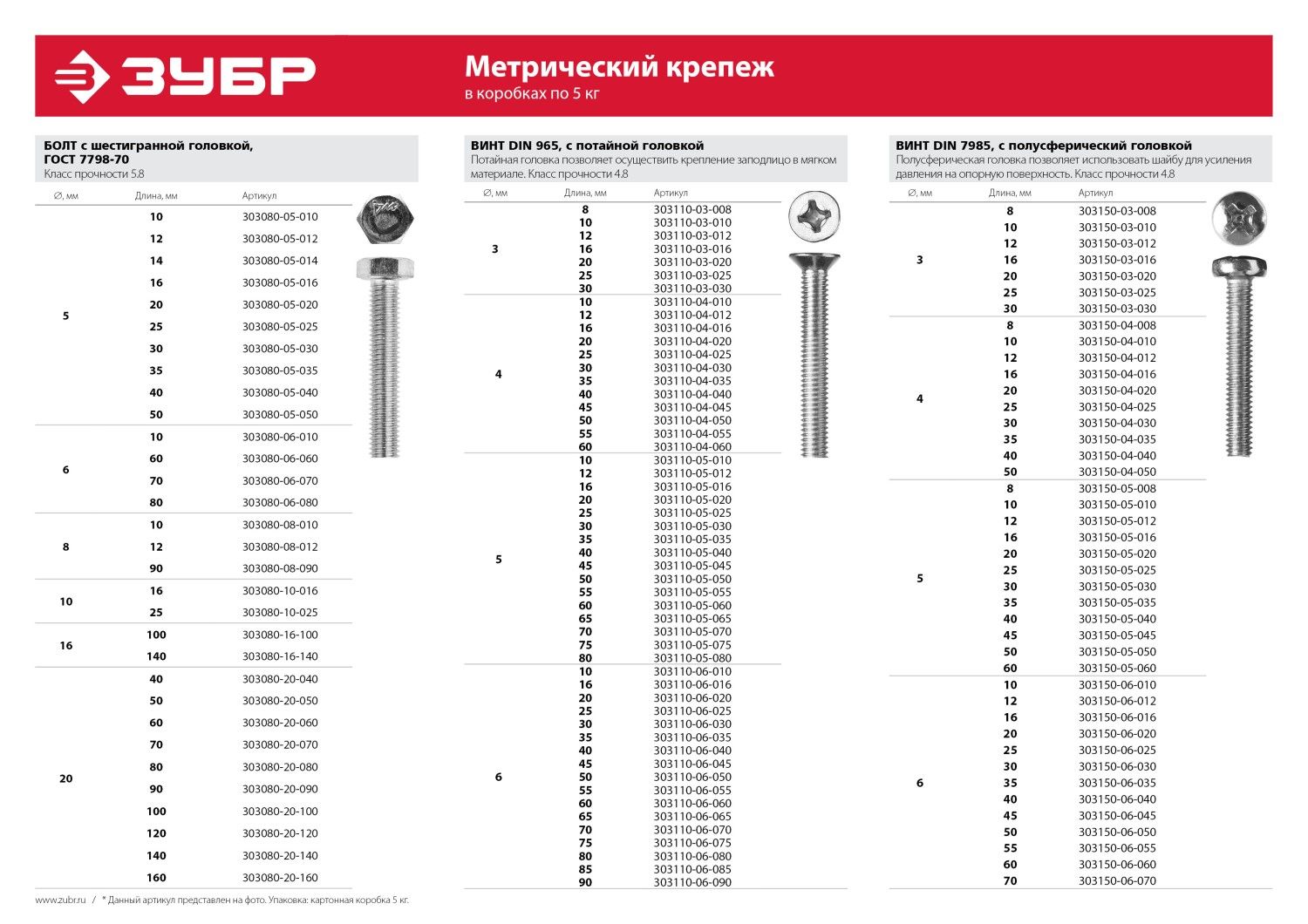 Болт с шестигранной головкой, ГОСТ 7798-70, кл. пр. 5.8, оцинкованный, M8x40мм, 5кг, ЗУБР Мастер 303 30308008040 Зубр