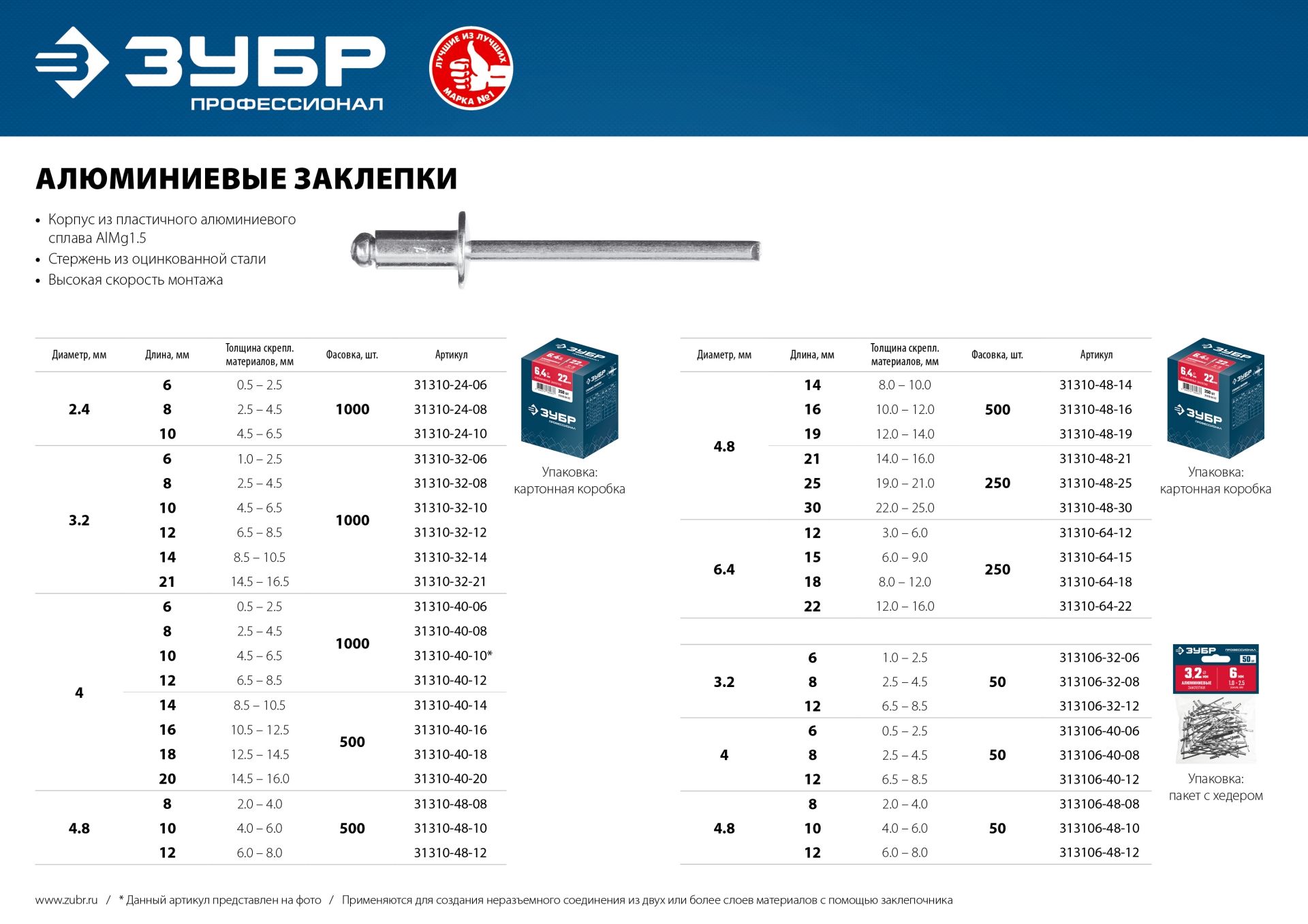 ЗУБР 3.2 х 6 мм  алюминиевые заклепки  1000 шт  Профессионал  31310-32-06 313103206 Зубр