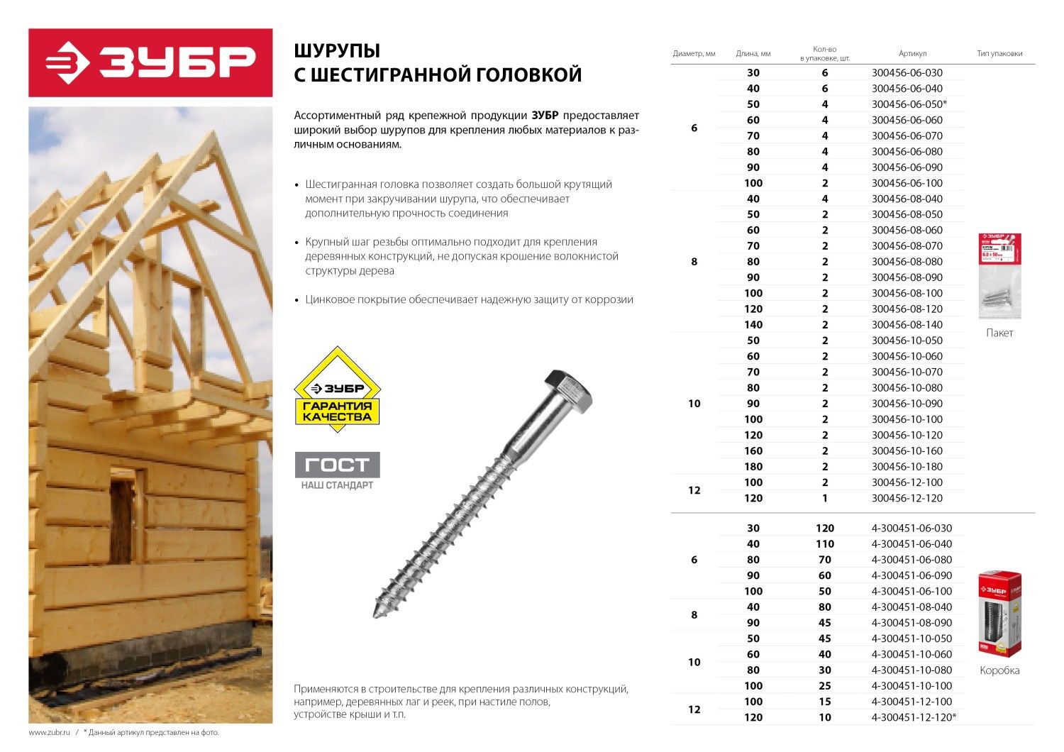 Шурупы ШДШ с шестигранной головкой (DIN 571), 30 х 6 мм, 120 шт, ЗУБР 430045106030 Зубр