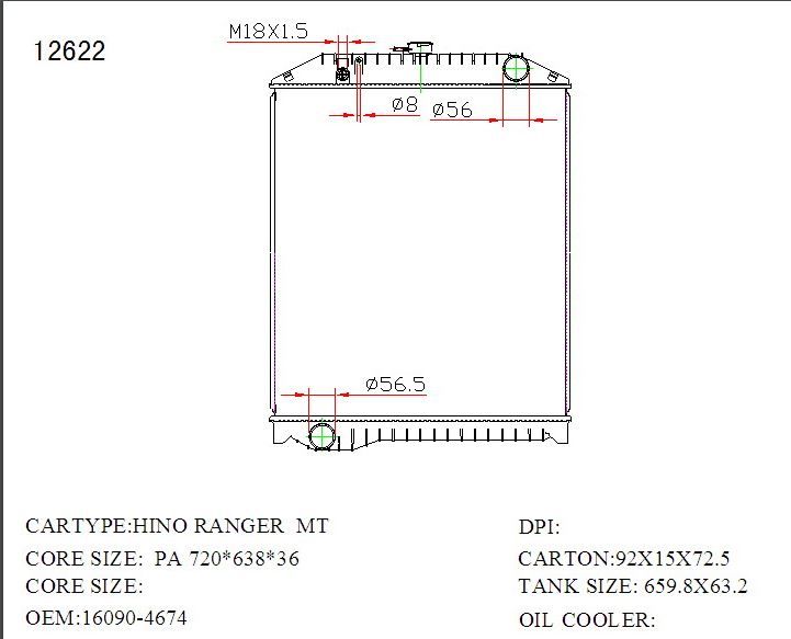 Радиатор основной HINO RANGER J08C 720mm x 638mm x 36mm "MT", пластик/алюминиевый 12622 Zevs