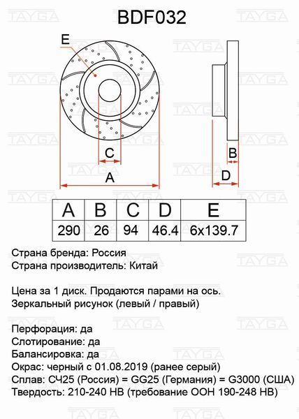 Диск тормозной MITSUBISHI Pajero (00-) передний перфорированный комплект TAYGA bdf032 Tayga