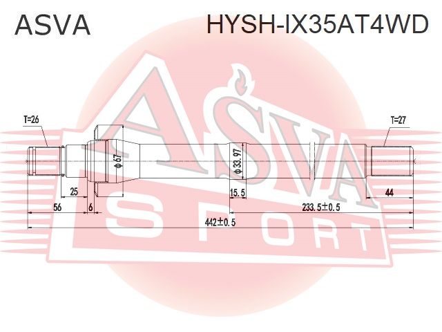 Полуось промежуточная (привод) для Kia Sportage 2010-2015 HYSHIX35AT4WD Asva