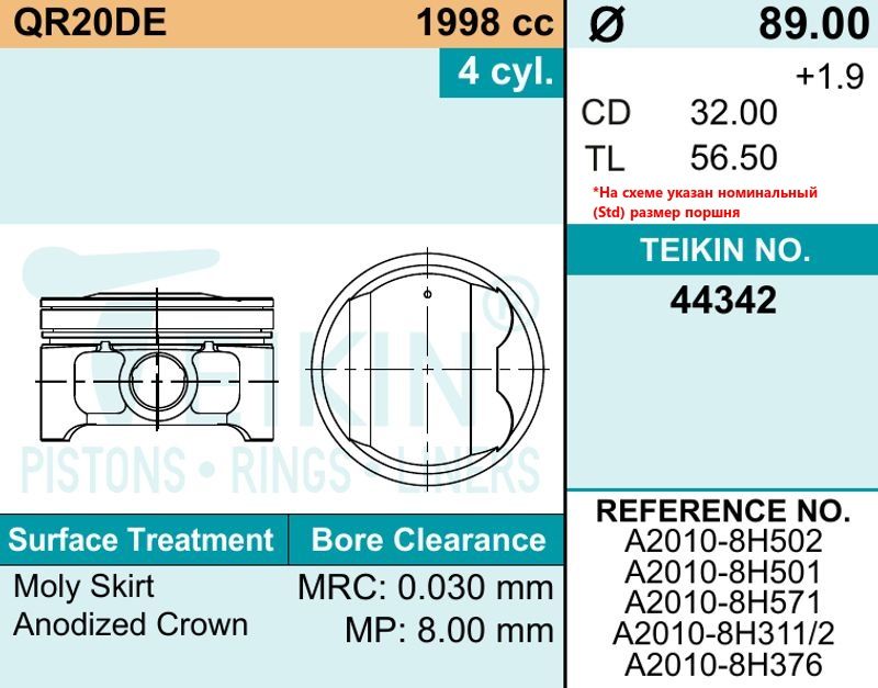 Поршня комплект на ДВС .050 NISSAN QR20 2.0 44342050 Teikin