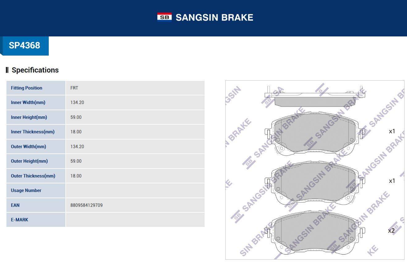 Тормозные колодки передние T-TA COROLLA #E210 19-- sp4368 Sangsin