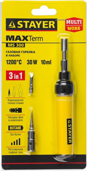 STAYER  MS 300, 40 Вт, 1200°С в наборе: 4 в 1, горелка, фен, 2 жала, газовый паяльник (55506-H4)
