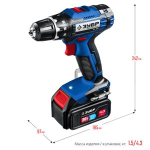 ЗУБР  Т7, 20 В, 50 Н·м, 2 АКБ (4 А·ч), дрель-шуруповерт, кейс, Профессионал (DL-201-42)