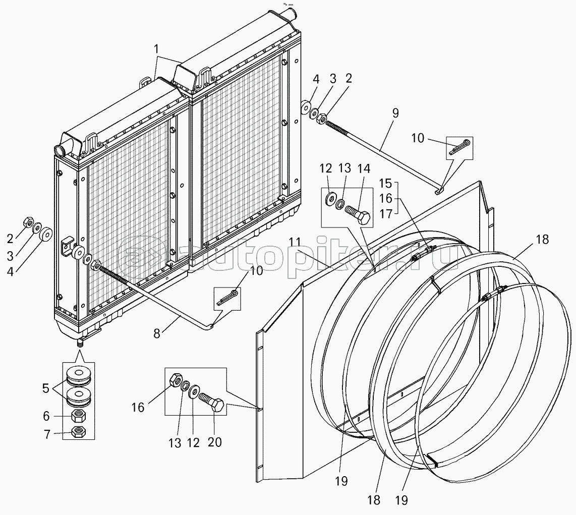 Установка блока радиаторов и кожуха на самосвале БелАЗ-7540С (7540С-1300010-20);Mounting of set of radiators and housing onto dump truck BELAZ-7540C