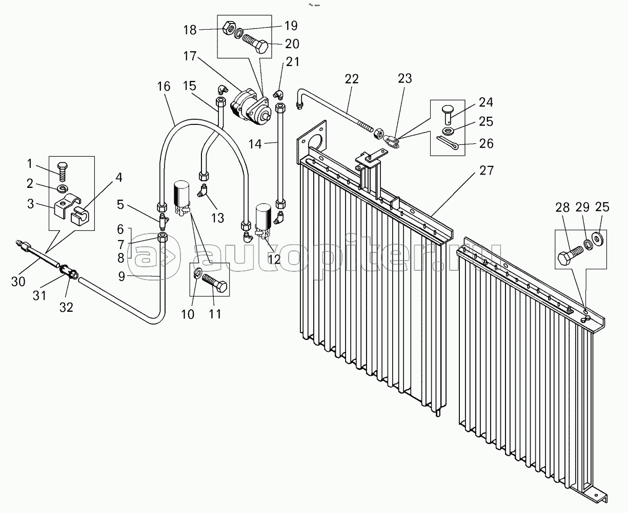 Жалюзи радиаторов и их привод на самосвале БелАЗ-7540D (7540D -1300015);Mounting of radiators shutters and their drive truck BELAZ-7540D