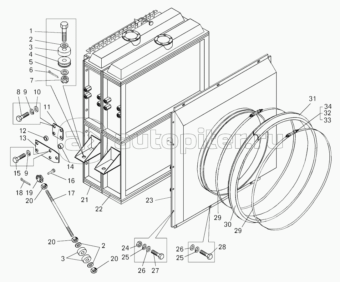 Радиаторы системы охлаждения и кожух вентилятора (7822-1300010);Radiators of engine cooling system and fan housing of BELAZ-7823