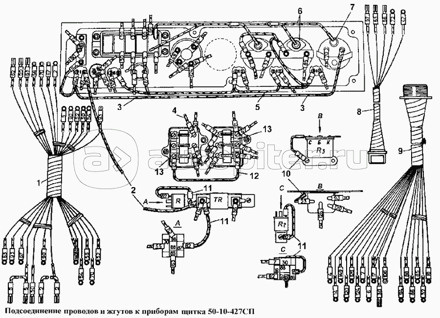 Подсоединение проводов и жгутов к приборам щитка 50-10-427СП