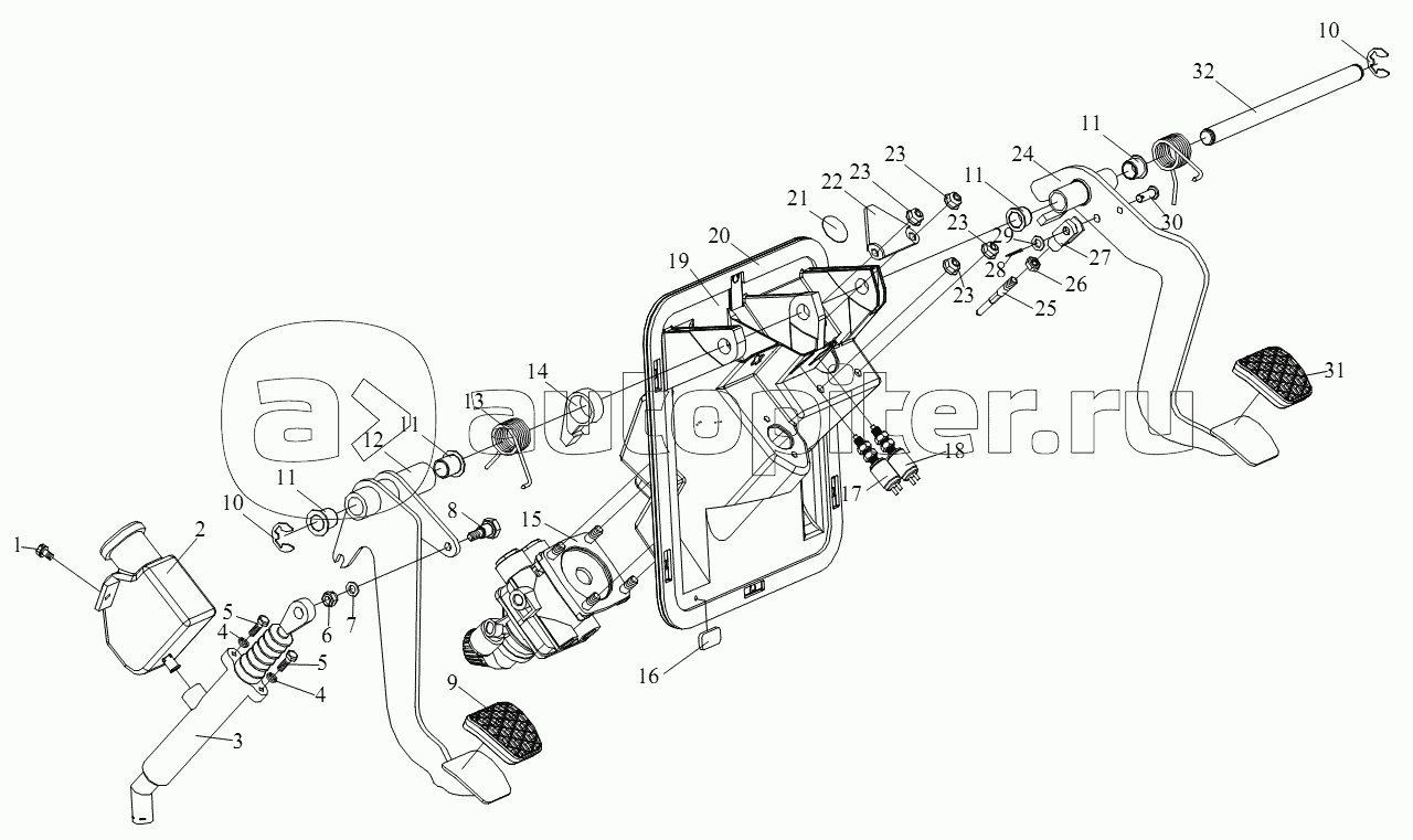 Тормозная педаль с тормозным клапаном и педаль сцепления с главным насосом сцепления в сборе
