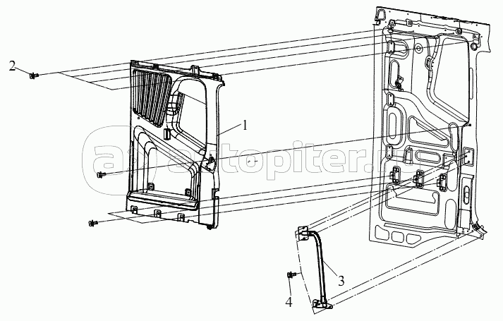 Внутренняя облицовка левой боковой обшивки и блок задней скобы (высокая крышка)