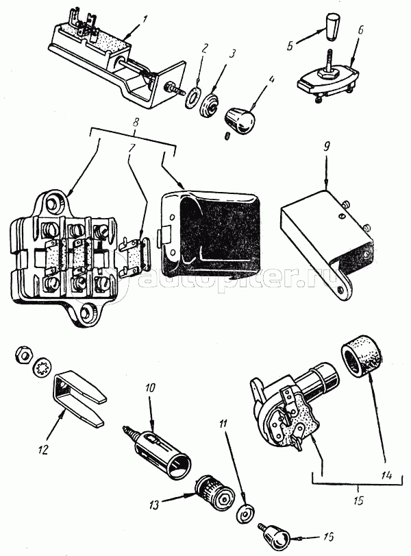 Переключатель света центральный. Переключатель света ножной. Предохранители. Прикуриватель