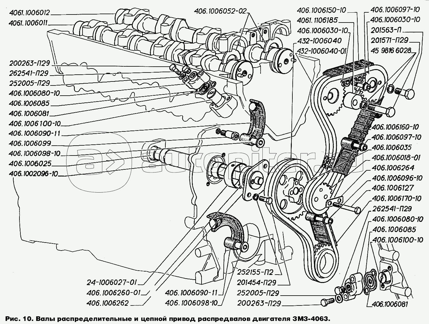 Валы распределительные и цепной привод распредвалов двигателя ЗМЗ-4063