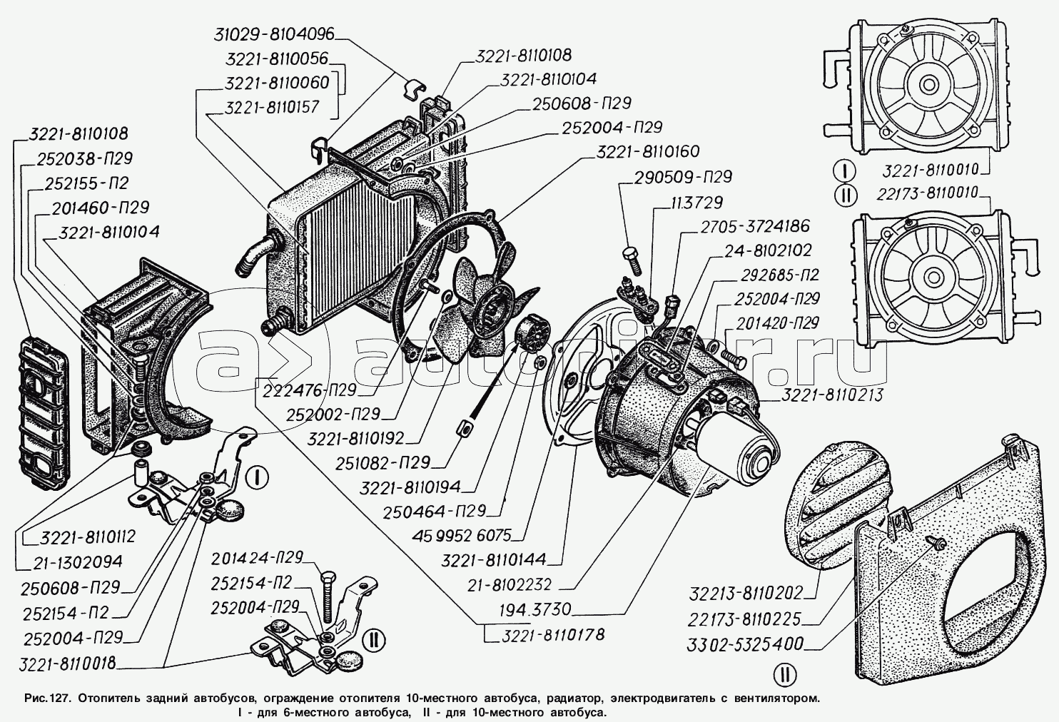 Отопитель задний автобусов, ограждение отопителя 10-местного автобуса, радиатор, электродвигатель с вентилятором: I - для 6-местного автобуса, II -для 10-местного автобуса