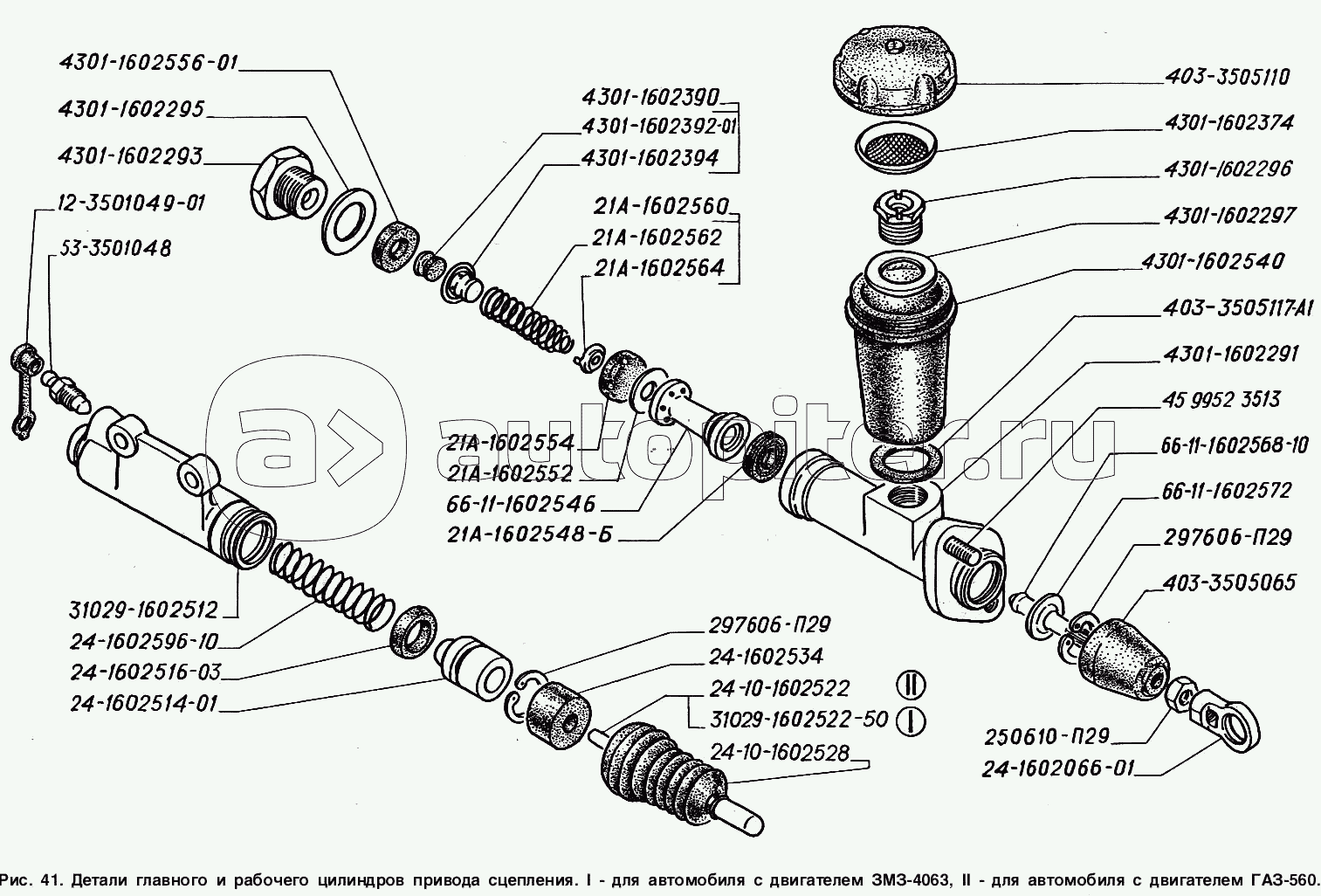 Детали главного и рабочего цилиндров привода выключения сцепления: I - для автомобилей с двигателем ЗМЗ-4063, II - для автомобилей с двигателем ГАЗ-560