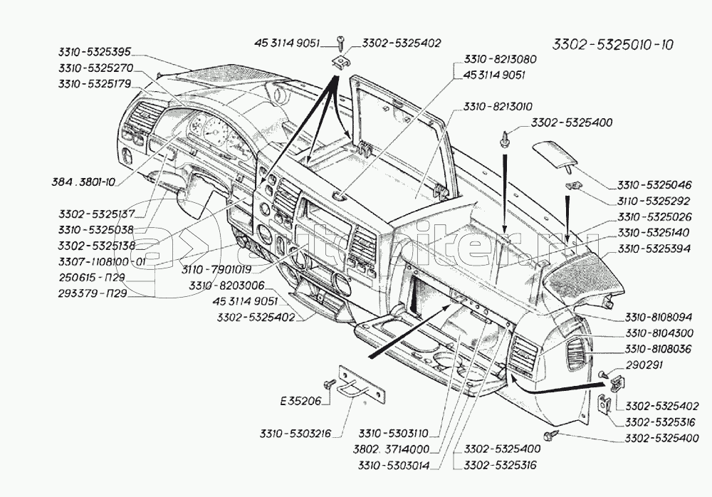 Каталог запчастей газ соболь. ГАЗ 3302 трубки торпеды. Газель, панель приборов 3310-5325179. Бардачок Газель 3310-8213010-20. Газель схема крепления торпеды.