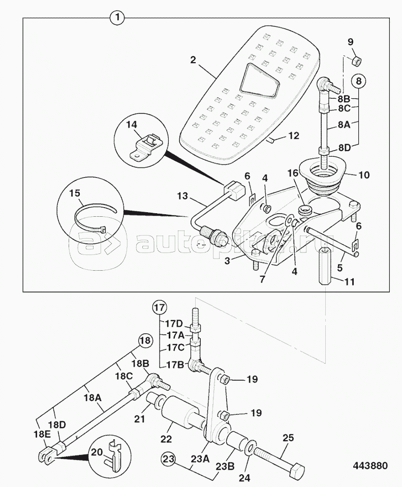 CONTROLS AUXILIARY VALVE DETAILS PEDAL AND LINKAGE GEAR PUMP (From:, To: M0960980)
