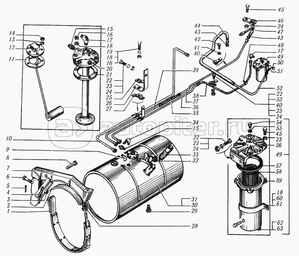 Топливный бак, топливопроводы и фильтр грубой очистки топлива автомобиля КрАЗ-6510