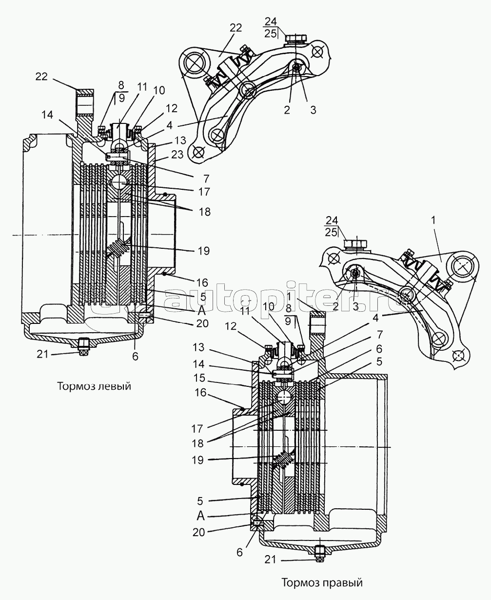 Тормоза рабочие «мокрого» типа (левый/правый)