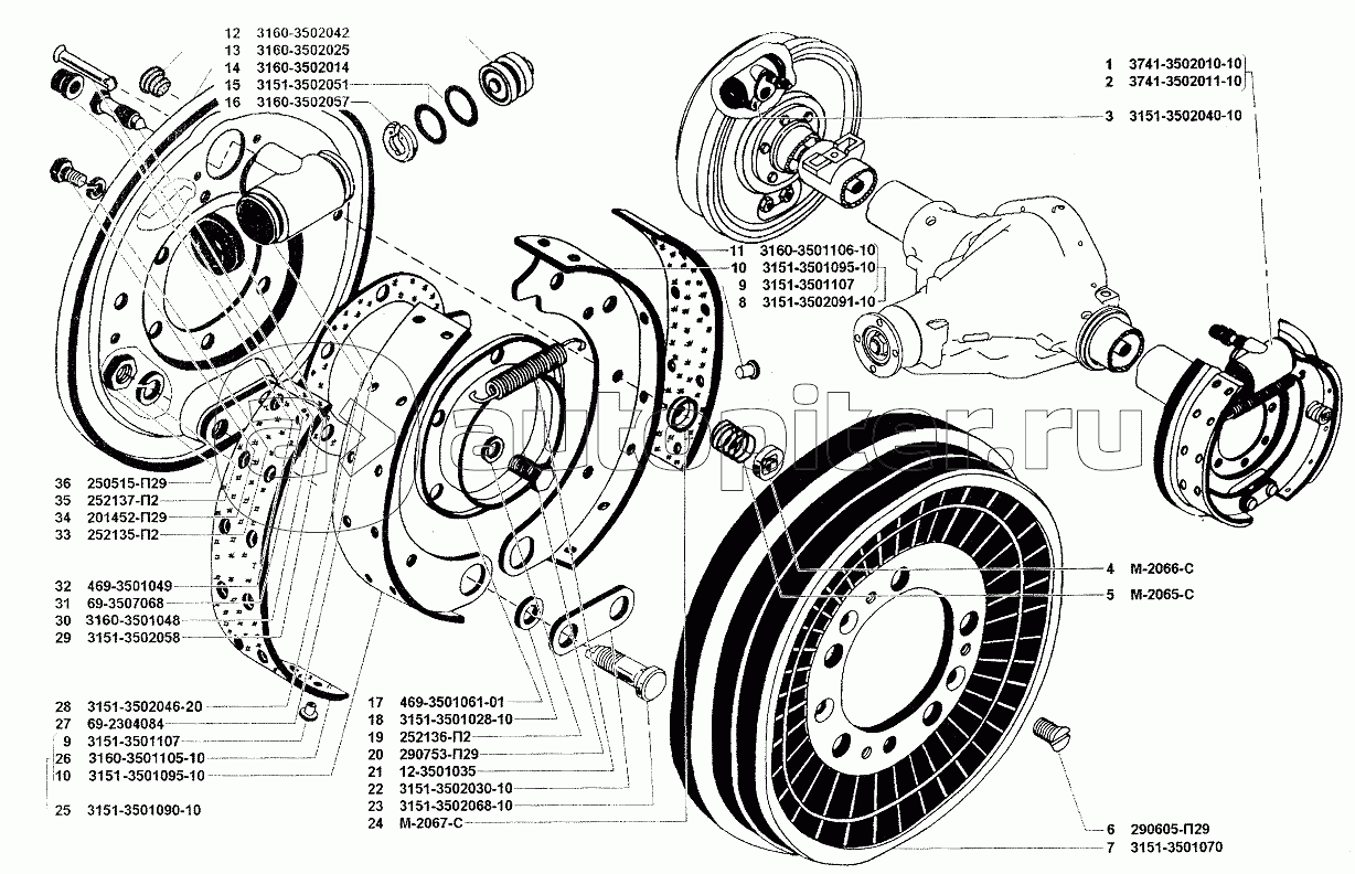 Тормоза рабочие задние и тормозные барабаны (для моста 3741-2400010-70)