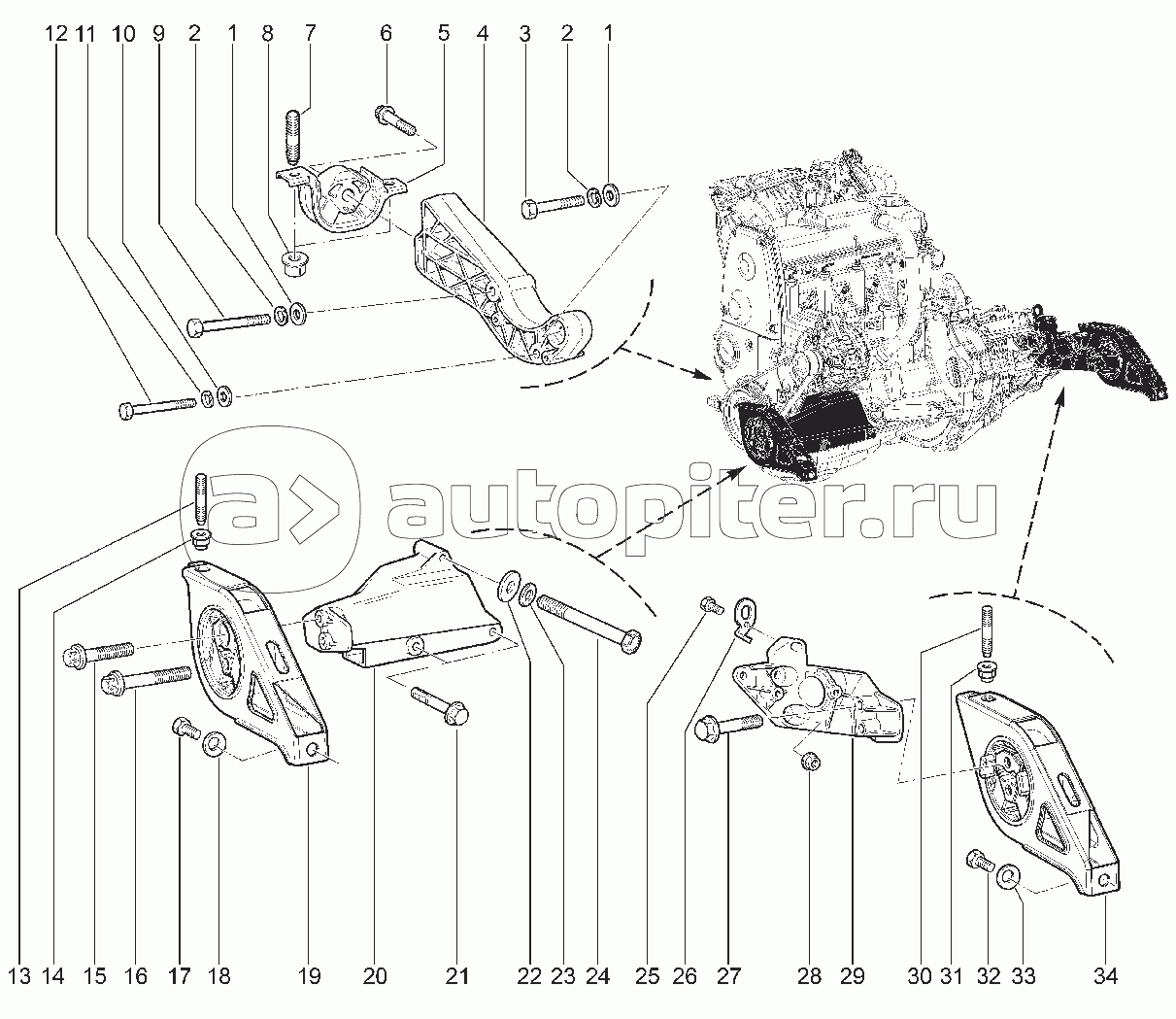 198010. ПОДВЕСКА ДВИГАТЕЛЯ (С МЕХАНИЧЕСКОЙ КПП БЕЗ КУ)
